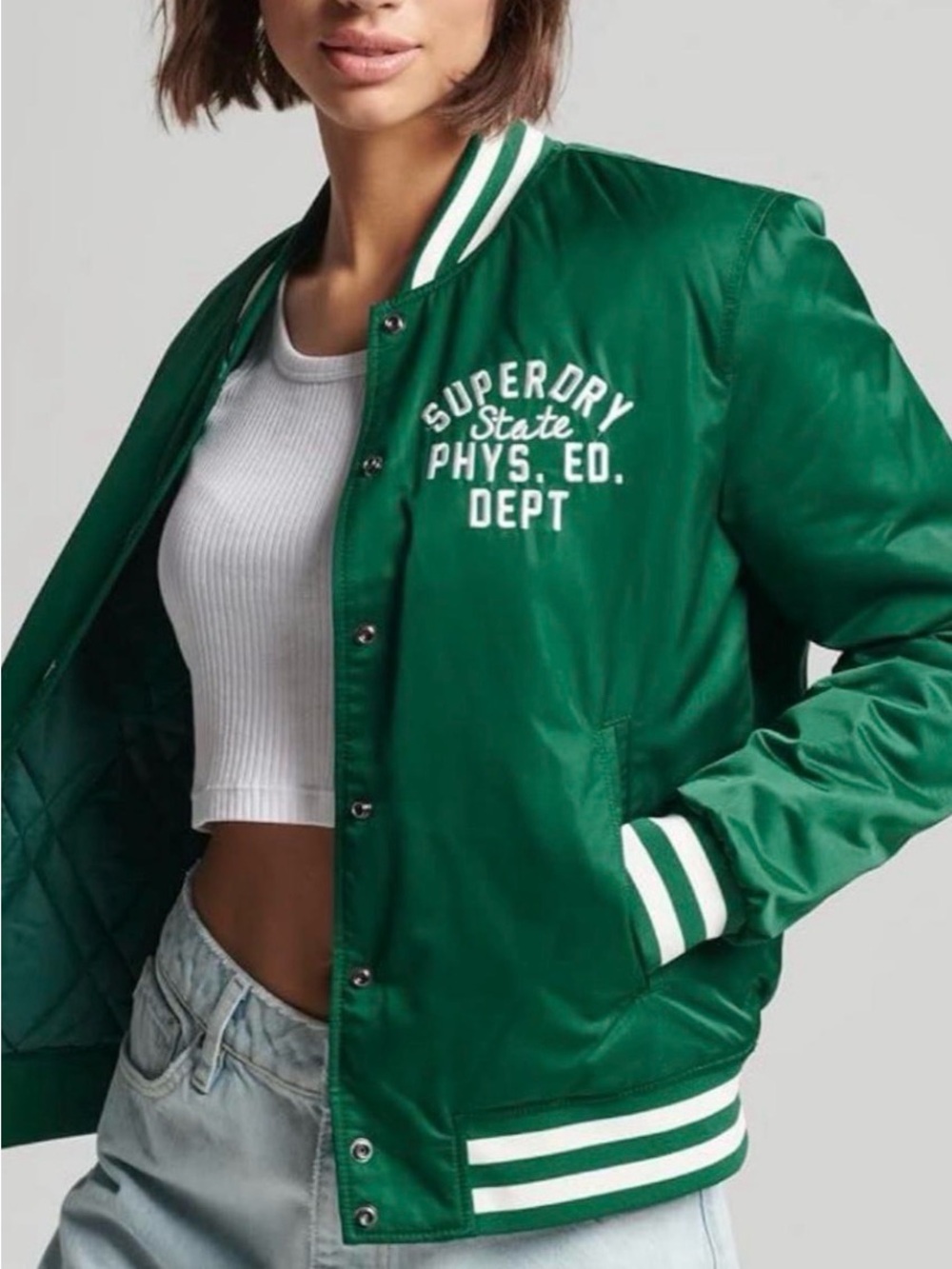NWT SUPERDRY Women’s Green Varsity Jacket with White Trim